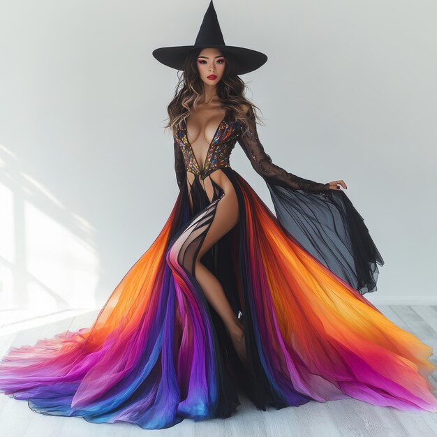 Photo beautiful brunette girl in a witch costume with a hat on her head