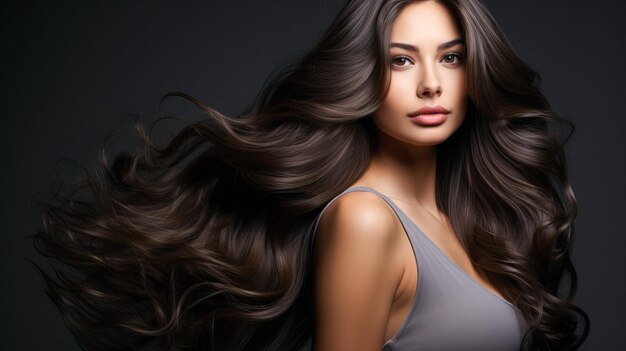 Beautiful brunette girl with very long wellgroomed smooth hair Develop Advertisement for hairdresser