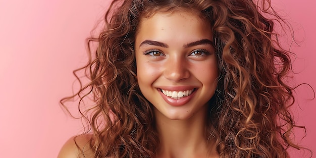 Beautiful brunette model girl with long curly hair Smiling woman hairstyle wavy