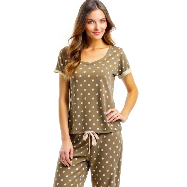 Beautiful Brunette Model Posing in Olive Green Pajama Set With White Polka Dots Generative AI