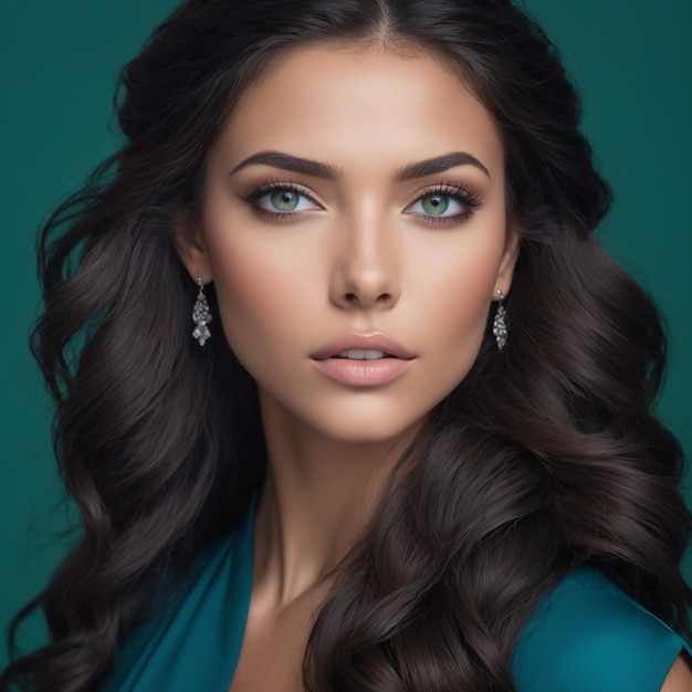 Beautiful brunette model with dark long hair green eyes