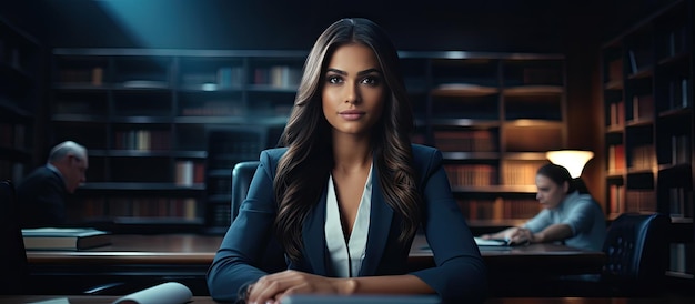 Beautiful brunette student working in a modern office next to a laptop with copy space