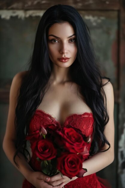 Beautiful brunette with long black hair wearing a red dress with red roses