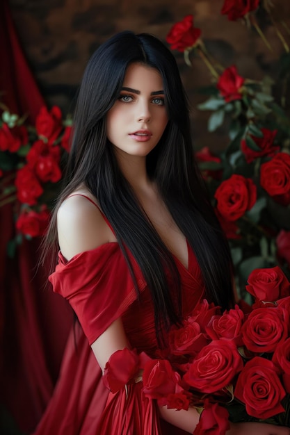 Beautiful brunette with long black hair wearing a red dress with red roses