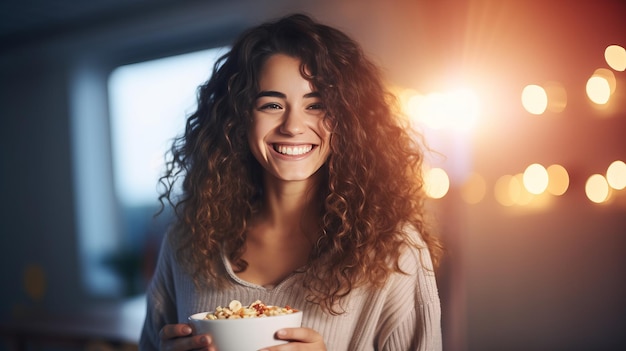 Beautiful brunette woman eating breakfast holding bowl of cereals and smiling enjoying her morning