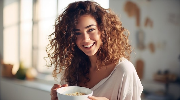 Beautiful brunette woman eating breakfast holding bowl of cereals and smiling enjoying her morning