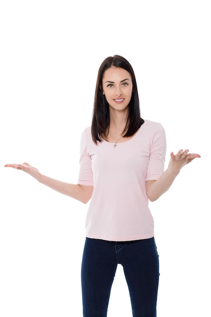 Beautiful brunette woman in pink tshirt