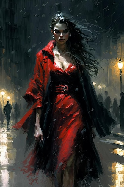 Beautiful brunette woman in red dress in street at night in rain Oil painting Generative AI