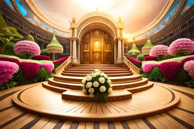 A beautiful building with flowers on the stairs