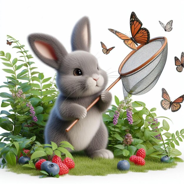 Beautiful bunny catching butterflies Childrens illustration