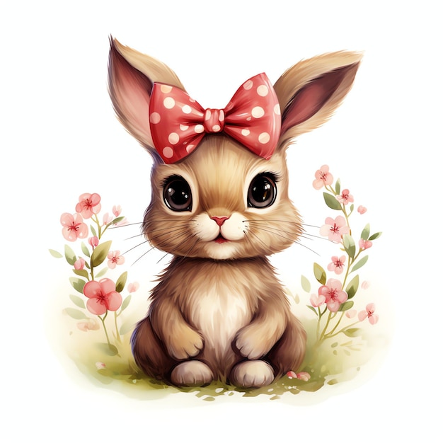 beautiful Bunny wearing a cherry blossom crown and holding a wand watercolor clipart