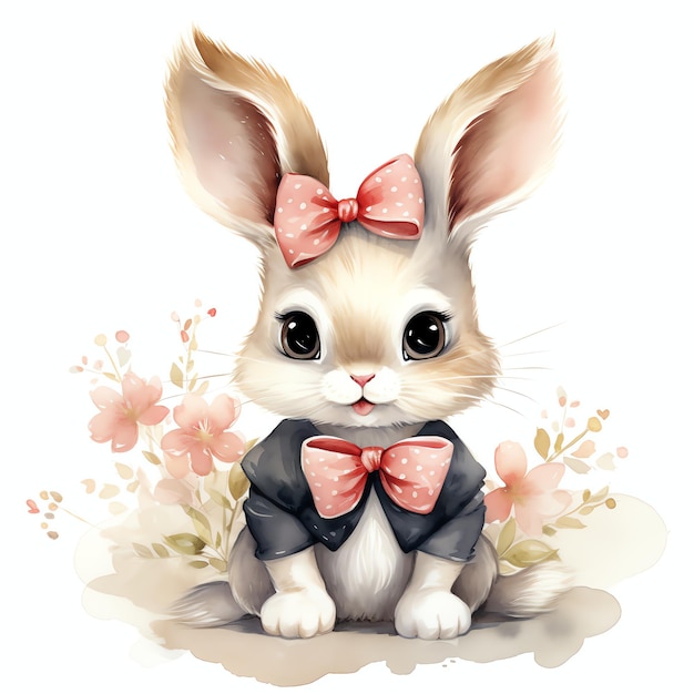 beautiful bunny with a bow and sakura flowers watercolor clipart illustration