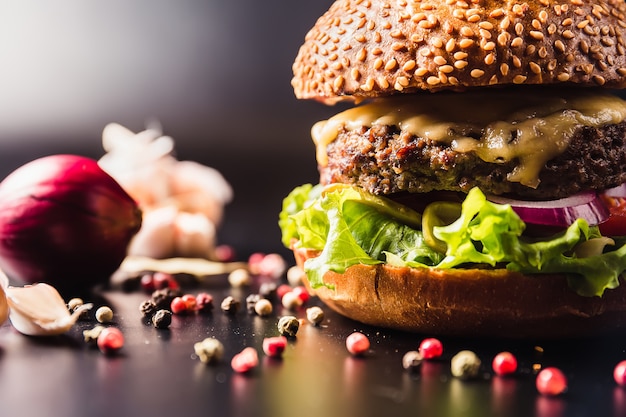 Beautiful burger on dark surface