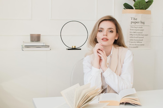 Beautiful business lady sitting at the table with a book