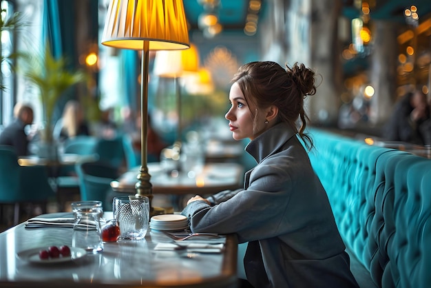 Photo beautiful business woman sitting in a cafe successful business career growth in studies and business