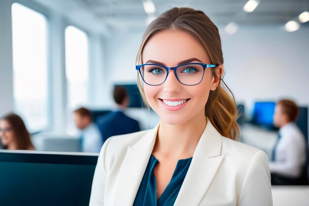 A beautiful business woman smiles in the office