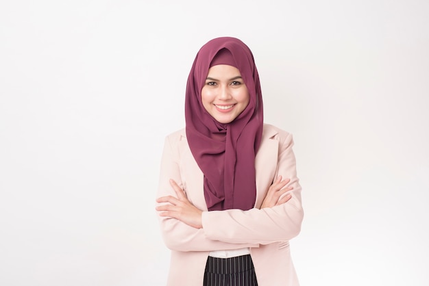 Beautiful business woman with hijab portrait on white background