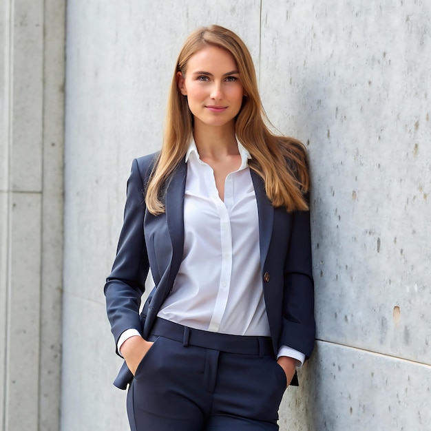 Photo beautiful business women photo leaning on a wall