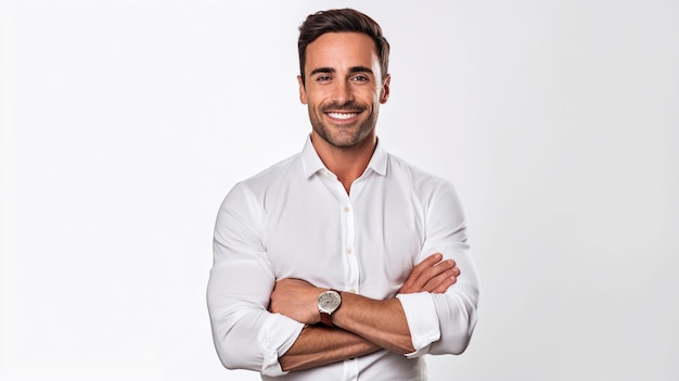 Beautiful businessman from the working class with prominent muscles smiling and white folded arms GENERATE AI