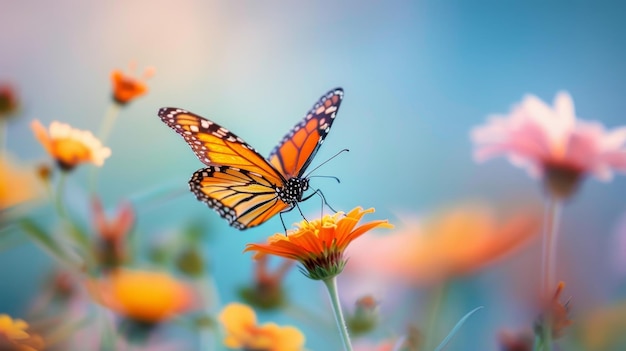 A beautiful butterfly captured midair above a blooming wildflower