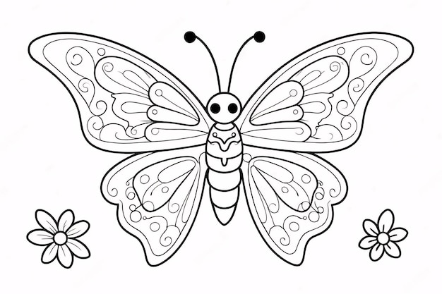 Photo beautiful butterfly line art hand drawn kids coloring book illustration adult coloring page