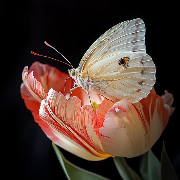 Photo a beautiful butterfly perched on a beautiful tulip flower portrait photography