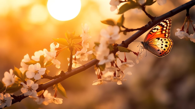 Beautiful butterfly sitting on the blossom tree branch AI generated image