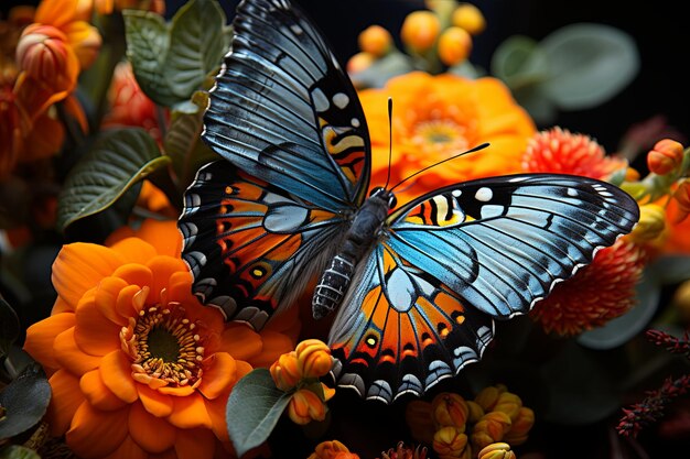 A beautiful butterfly sitting on a bright orange lantana flower and spreading its wings demonstrating the intricate patterns and beauty of the natural world Generative AI