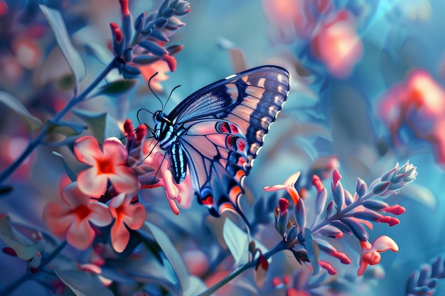 Beautiful butterfly with blue and black patterned wings perched on pink flower feeding