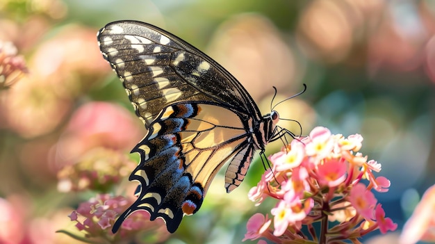 A beautiful butterfly with yellow and black wings and a touch of blue near the edges of its wings