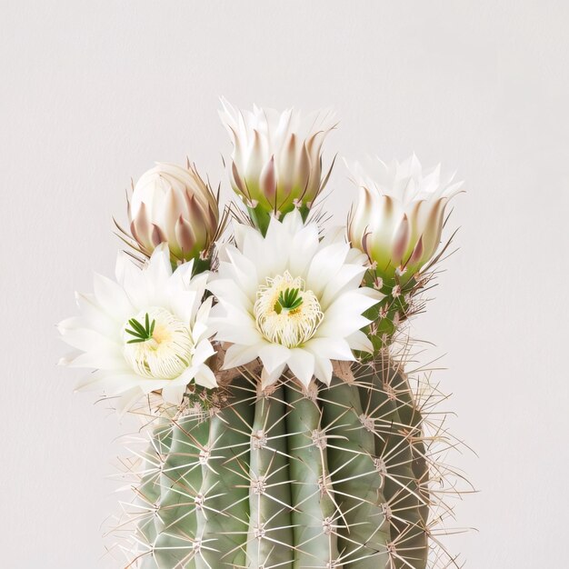 Beautiful cactus flowers on white wall background Flat lay top view