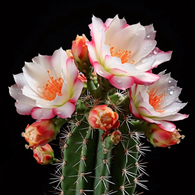 Beautiful cactus flowers with water drops isolated on black background