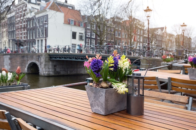 Beautiful cafe on the street of the amsterdam. tables and chairs on the street