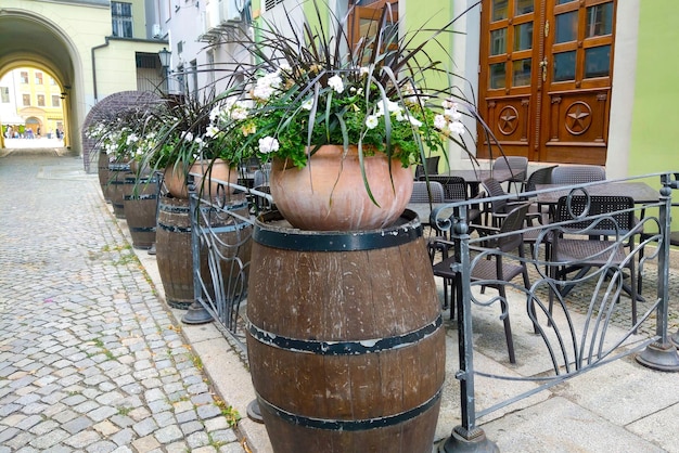 Beautiful cafe terrace with large wine barrels