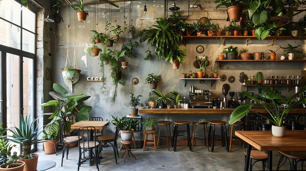 Photo a beautiful cafe with a green wall of plants wooden tables and chairs and a coffee machine