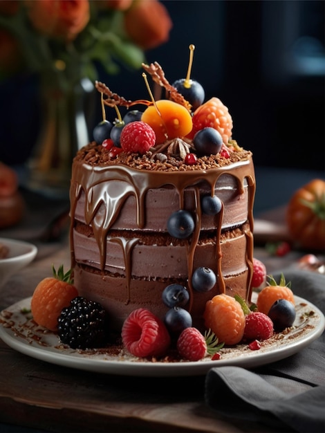 beautiful cake decoreted by fruits