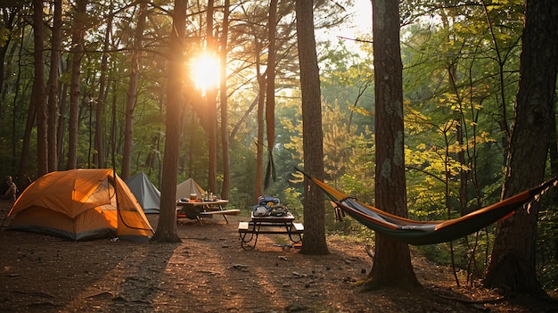 Photo a beautiful camping scene in a scenic american forest where a couple is setting up their tent