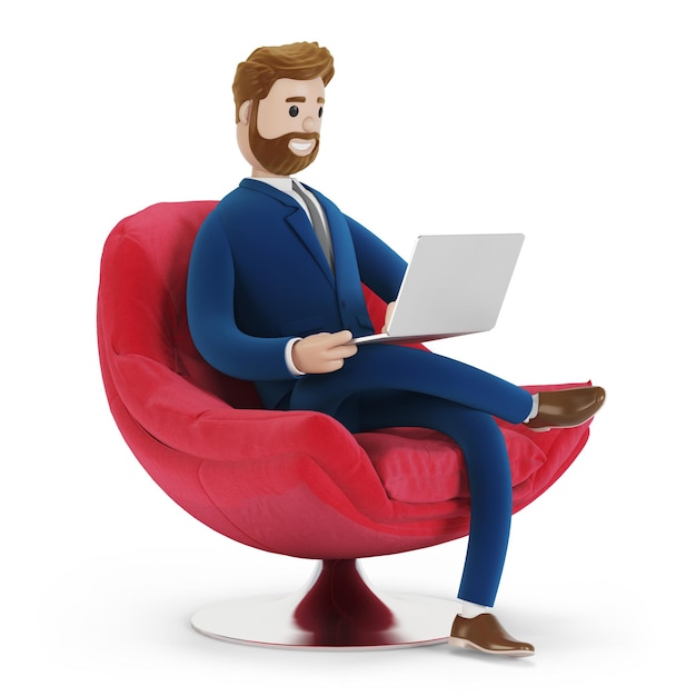 A beautiful cartoon character sitting in a comfortable red chair with a laptop. Bearded businessman in a suit. 3d illustration.