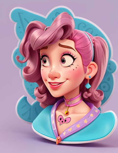 Beautiful cartoon girl with pink hair and blue eyes Vector illustration AIGenerated