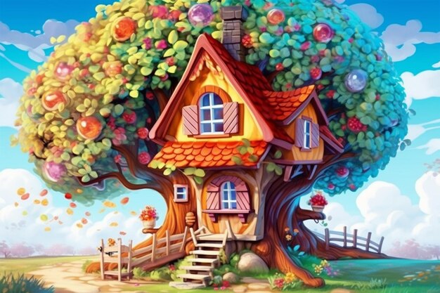 beautiful cartoon illustration house in a tree colorful image happy mood