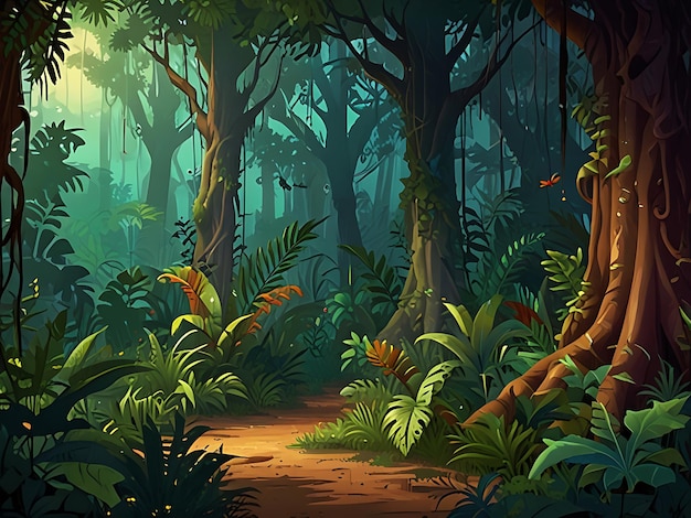 Photo beautiful cartoon jungle landscape scenery background illustration