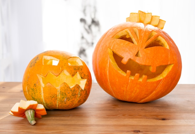 Beautiful carved pumpkins on a table