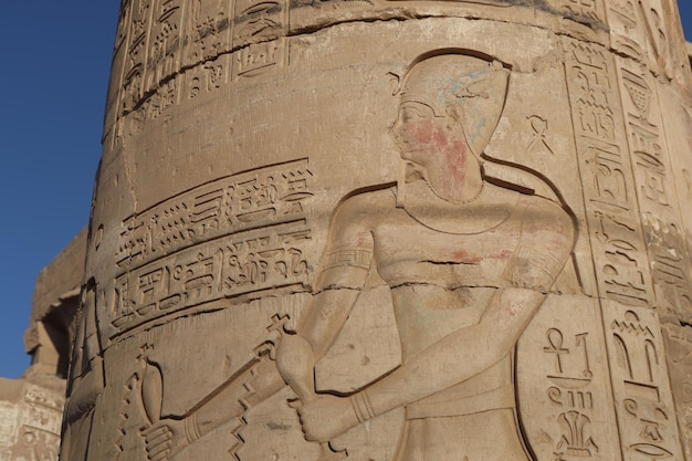 beautiful carvings at ancient egyptian temple of Kom Ombo in Aswan