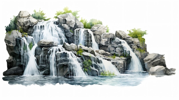 Beautiful Cascade Waterfall Isolated on White Background