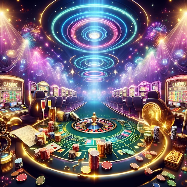 Beautiful casino background with gaming table chips and magic lights Leisure and entertainment