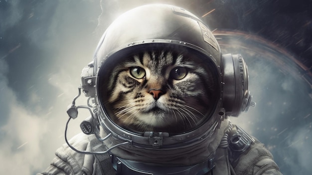 Beautiful cat in an astronaut costume in space against the background of the planet generated AI