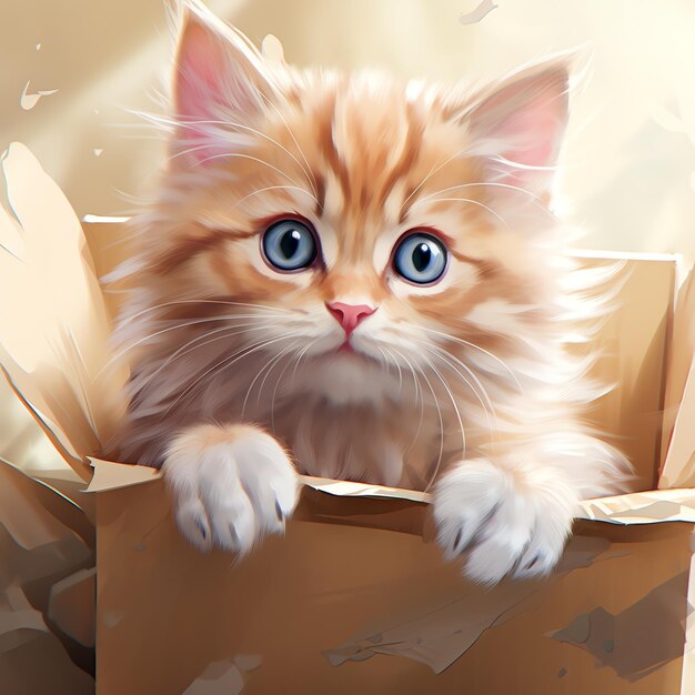 beautiful Cat in a cardboard box watercolor fantasy clipart illustration