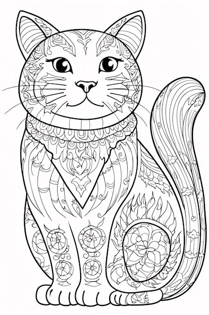 Photo beautiful cat mandala line art hand drawn kids coloring book illustration adult coloring page