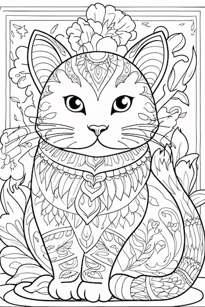 Photo beautiful cat mandala line art hand drawn kids coloring book illustration adult coloring page