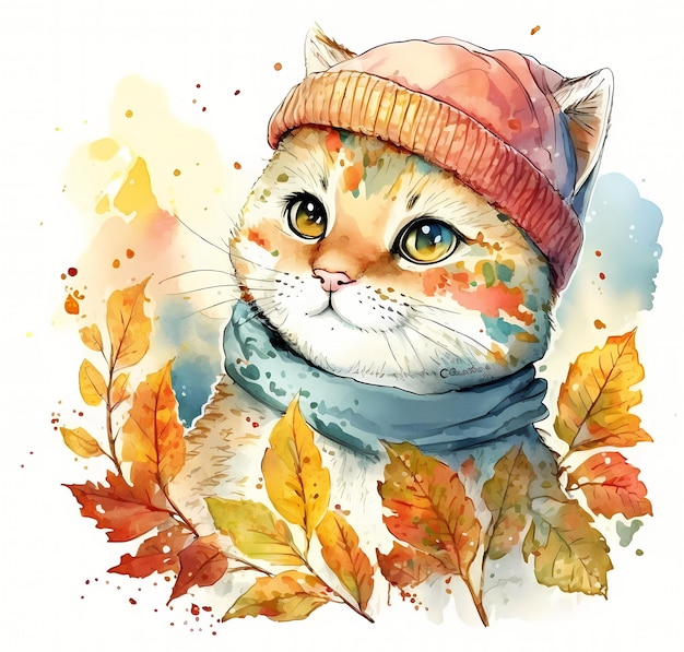 Beautiful Cat Portrait Surrounded By Autumn Leaves Watercolor Clipart